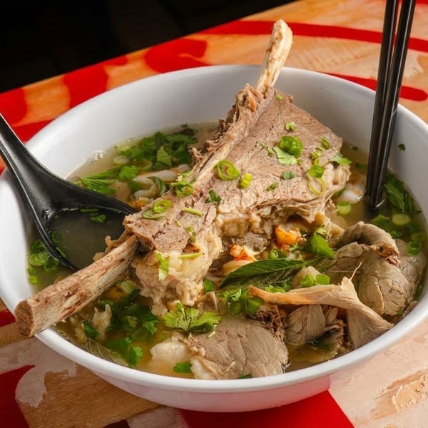 A large bowl of pho with a prominent beef rib bone, meat, herbs, and broth.