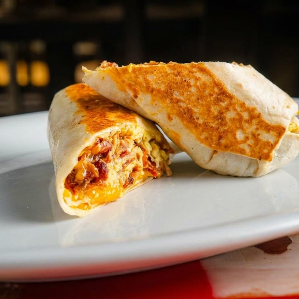 Two golden-brown breakfast burritos, one cut open to reveal eggs, cheese, and bacon, on a white plate.