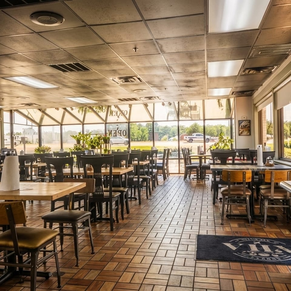 Empty restaurant dining room with wooden tables, dark chairs, and large windows overlooking a parking lot.