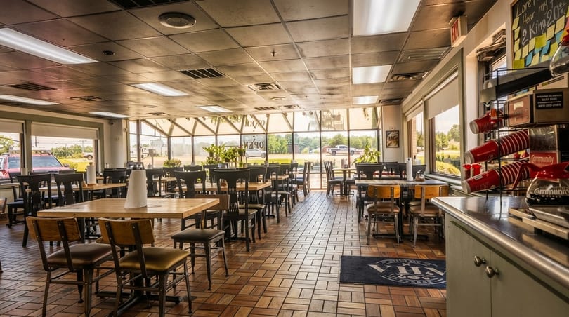 Empty restaurant dining room with wooden tables, dark chairs, and large windows overlooking a parking lot.
