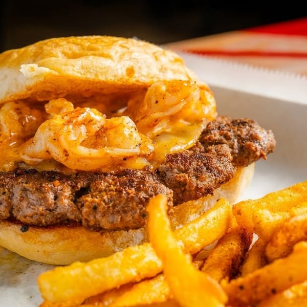 Juicy burger topped with shrimp and melted cheese, served with a side of golden french fries.