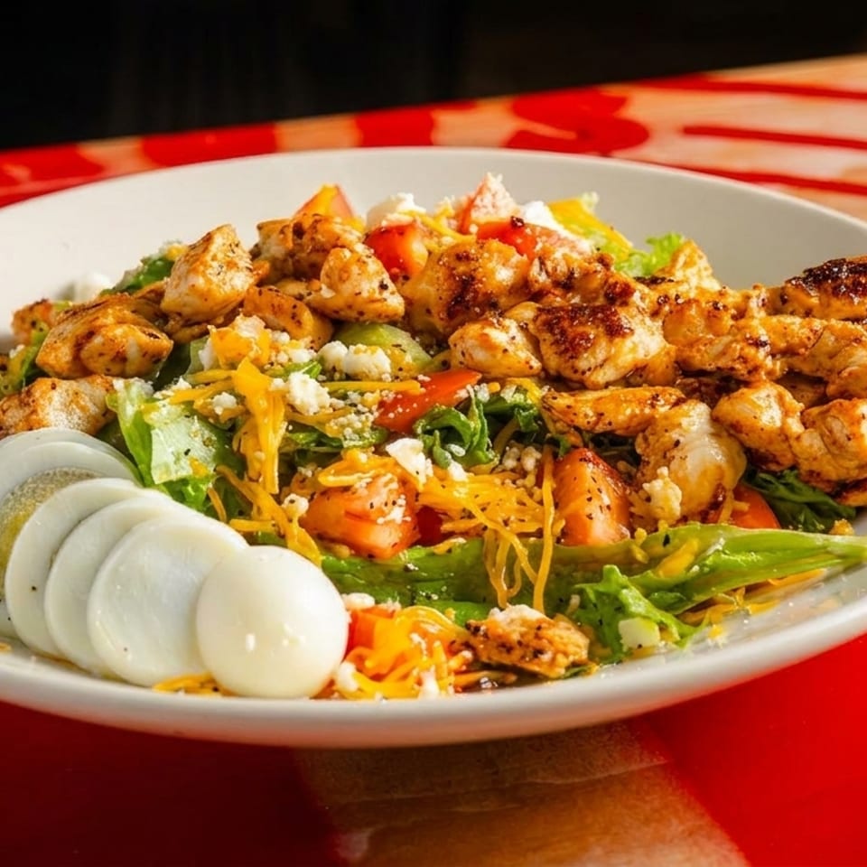 A vibrant salad with grilled chicken, sliced hard-boiled eggs, lettuce, tomatoes, and shredded cheese.